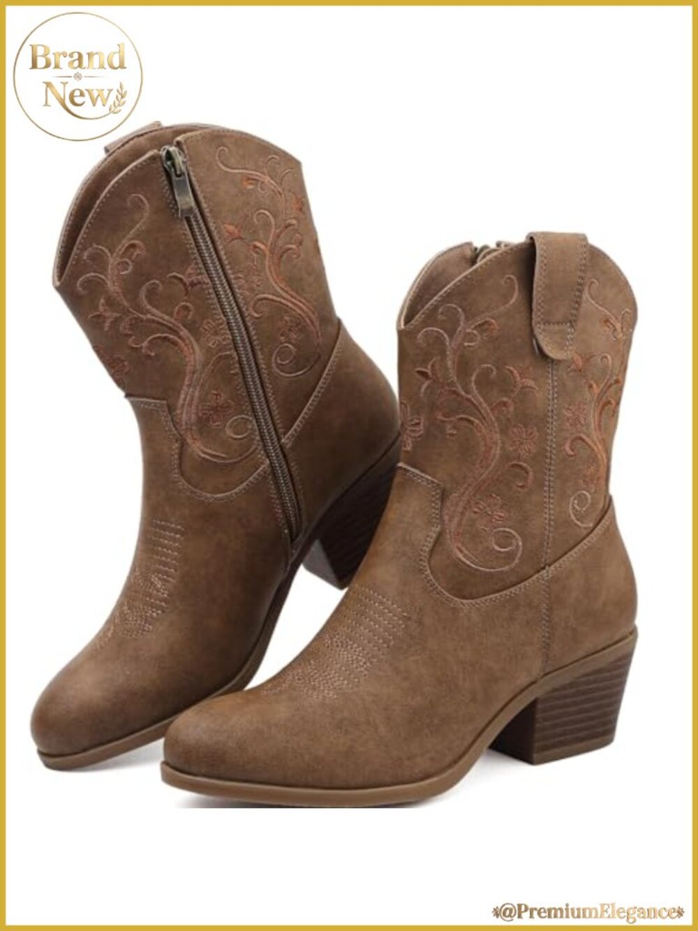 Faux Leather Western Cowboy Ankle Boots Side Zip Embroidered